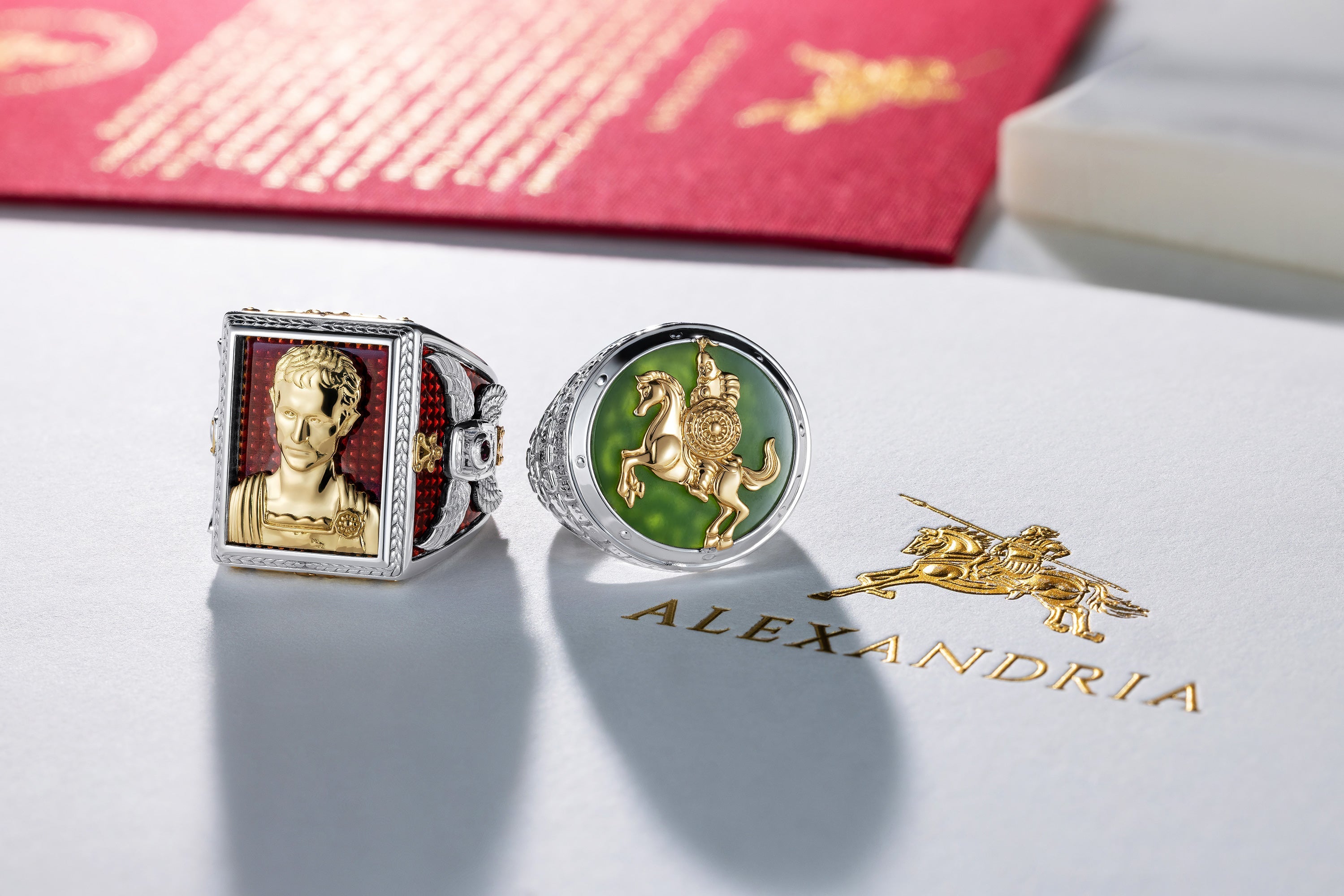 alexandria mens luxury rings with red golden stationary