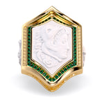 mens alexander the great ring in 18ct gold and emeralds with stone carving agate cameo