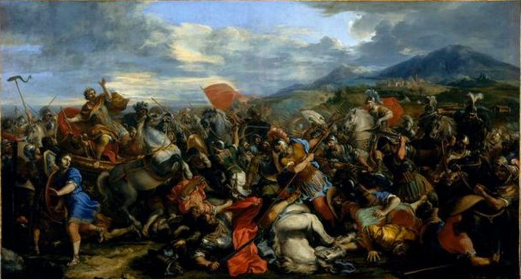 Painting of a battle scene with soldiers and horses in a historical setting.