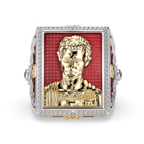 Alexandria Face of Rome men’s 18ct gold Julius Caesar ring with red guilloché enamel