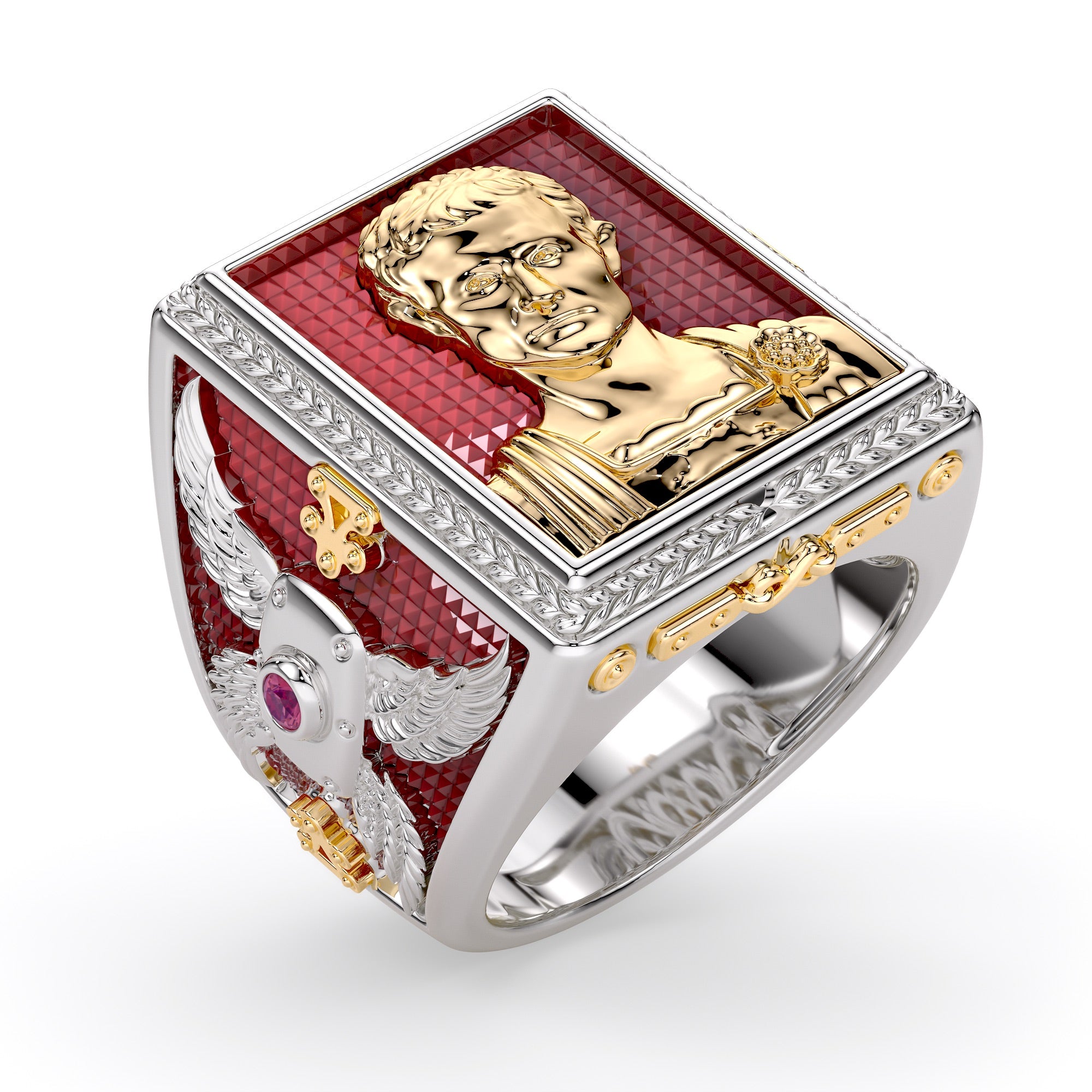 mens luxury 18k gold julius caesar ring, with red guilloché enamel and rubies