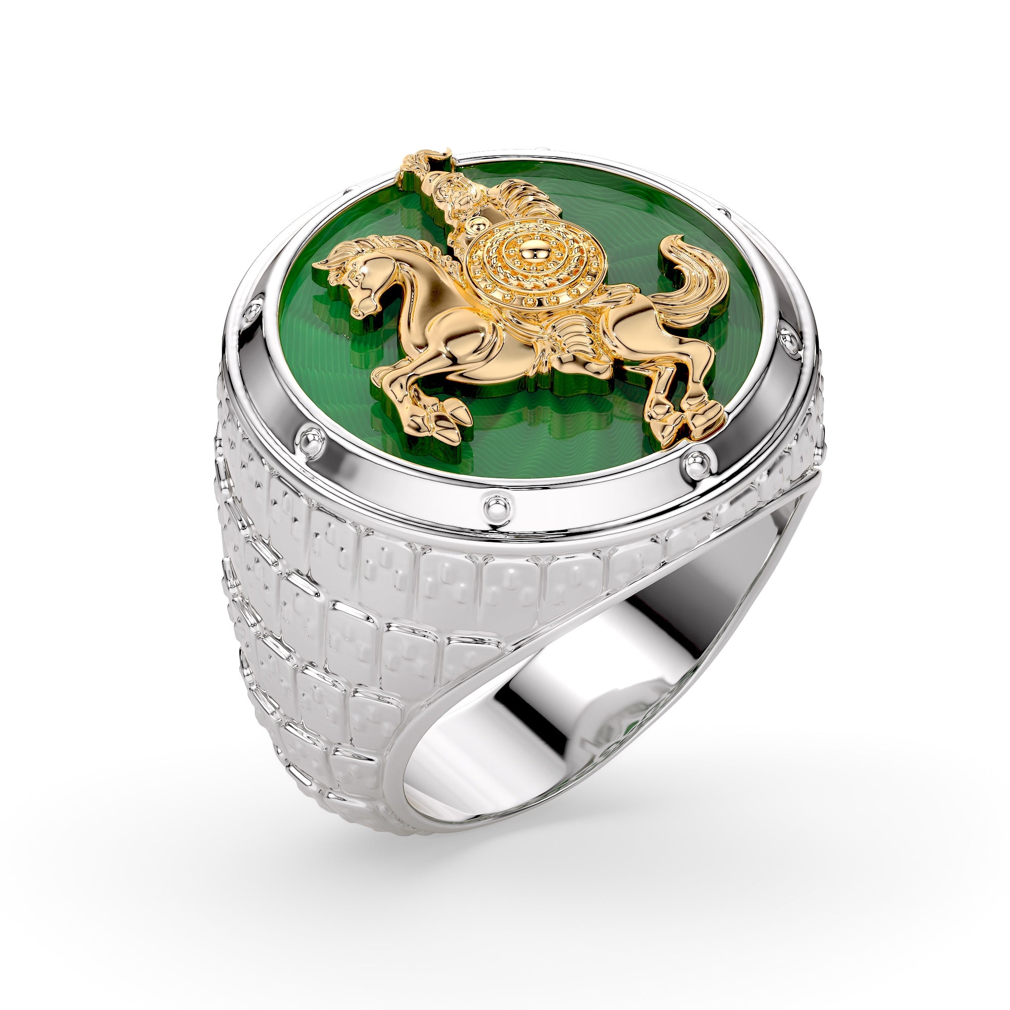 mens 18ct white and yellow gold ring featuring mongolian horse warrior and green guilloché enamel