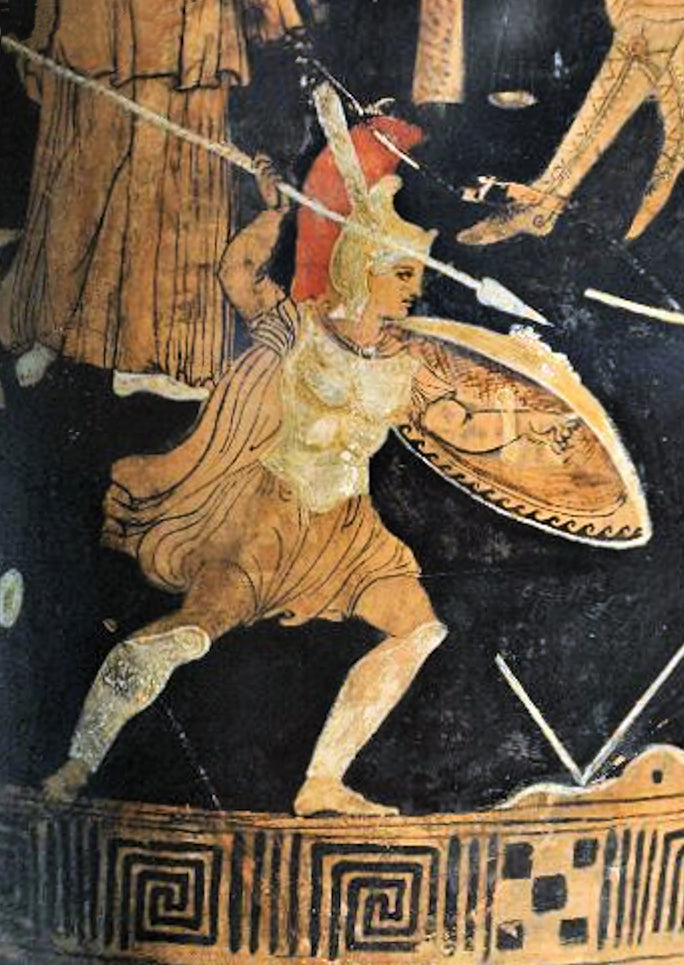 Achilles Ancient Greek warrior scene on a vase with detailed armor and helmet.