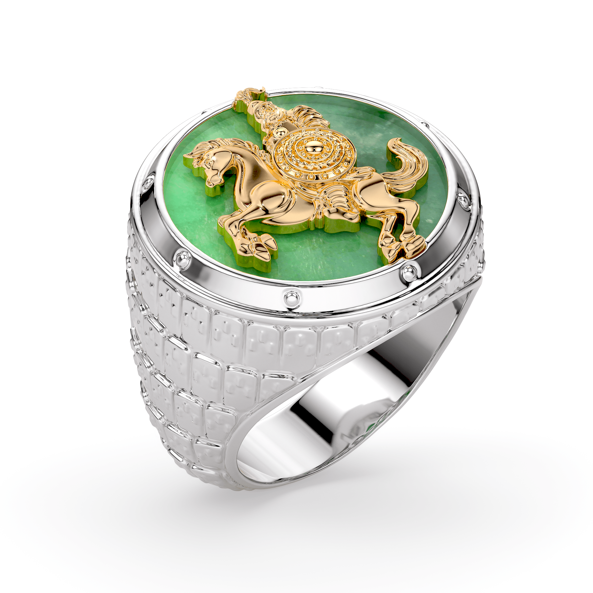 mens mongolian luxury 18k white and yellow gold ring with jade