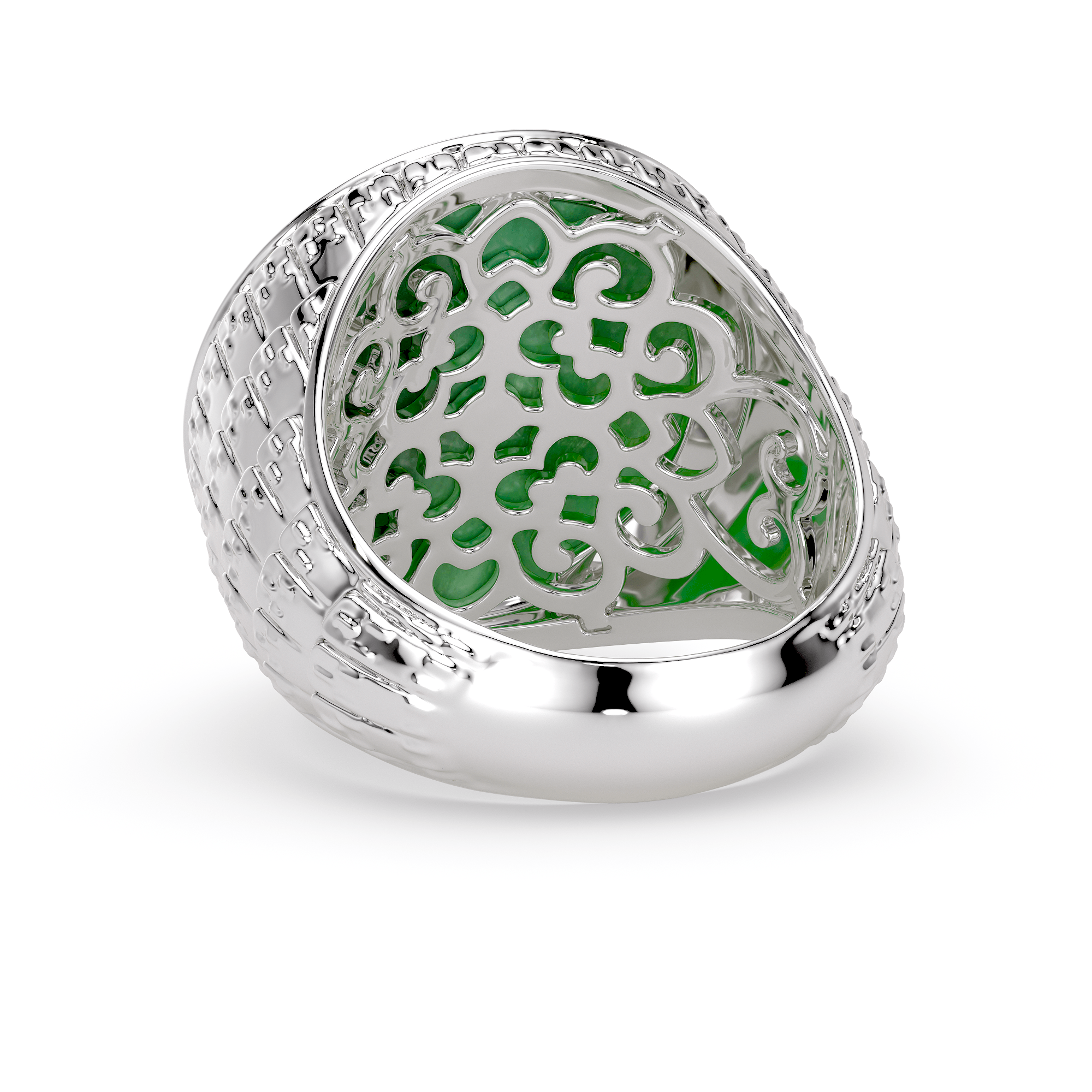 back of mens luxurious white gold ring with mongolian pattern